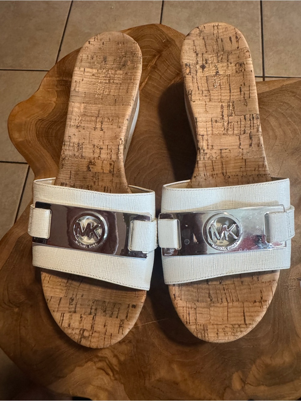 Michael Kors White Cork Slide Sandals with MK Logo Accent